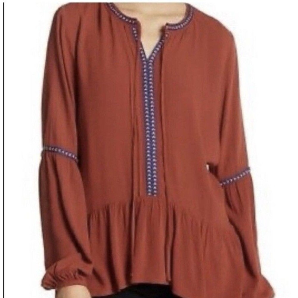 Ro & De Peasant Blouse Size M Orange Rayon Embroidered Babydoll Peplum Boho Top